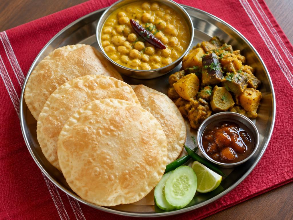 Illustration of luchi, dal and Bengali vegetable curry